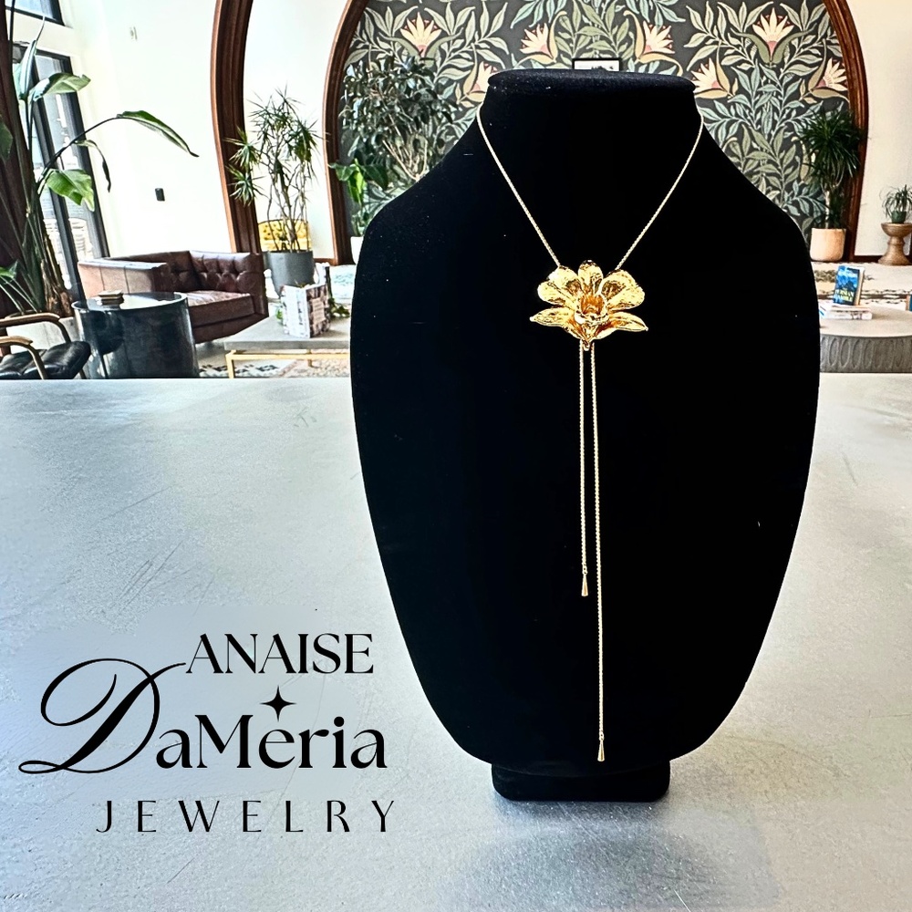 SOLD-SOLD-RISIS Vintage *RARE* 22k Painted Real Orchid Slide Necklace